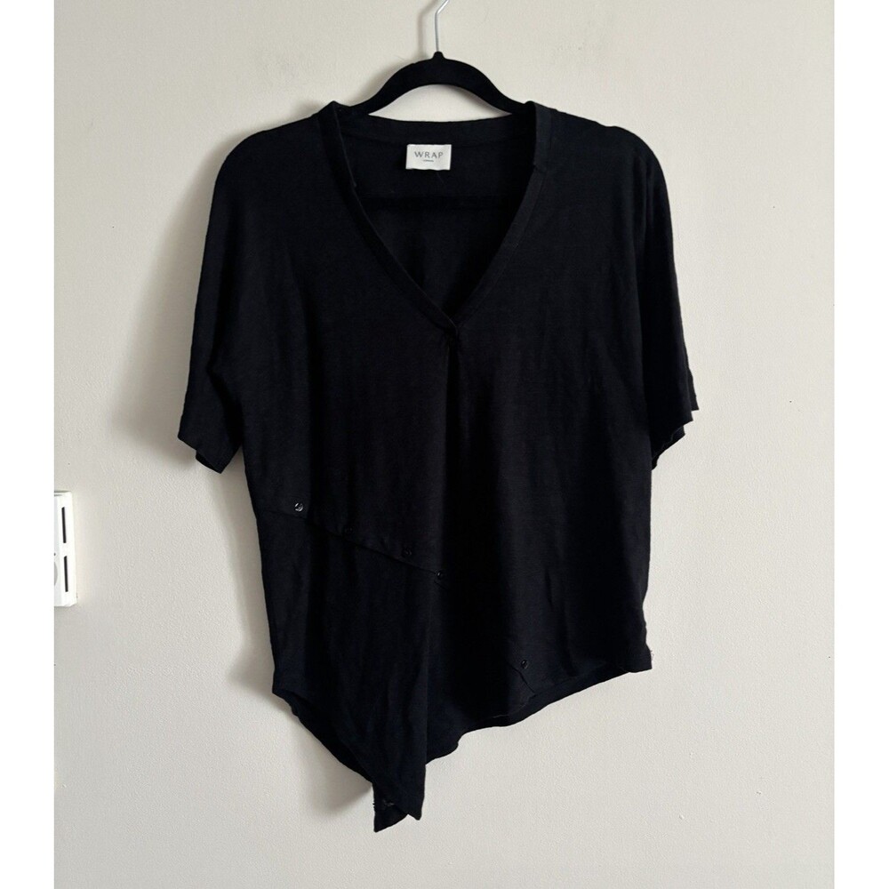 Wrap London Womens Small Linen Top Asymmetrical‎ Black Minimalist Classic Boho